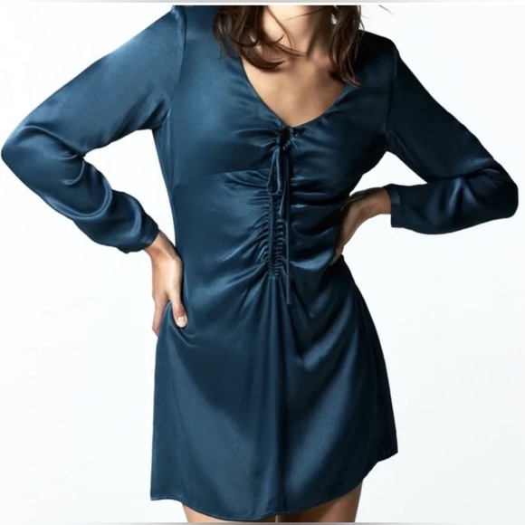 Zara Dresses & Skirts - Zara Peasant Jewel Tone Satin effect Long Sleeved Teal Mini Dress Size Small